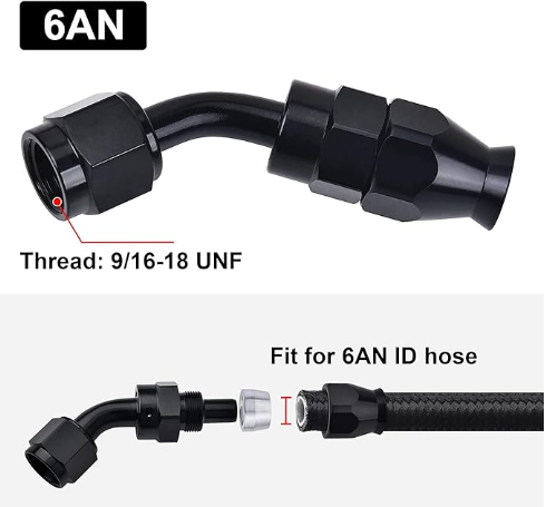 OctoMotive -6AN PTFE Hose End Fitting 45 DEGREE Black for PTFE Hose Only (1)