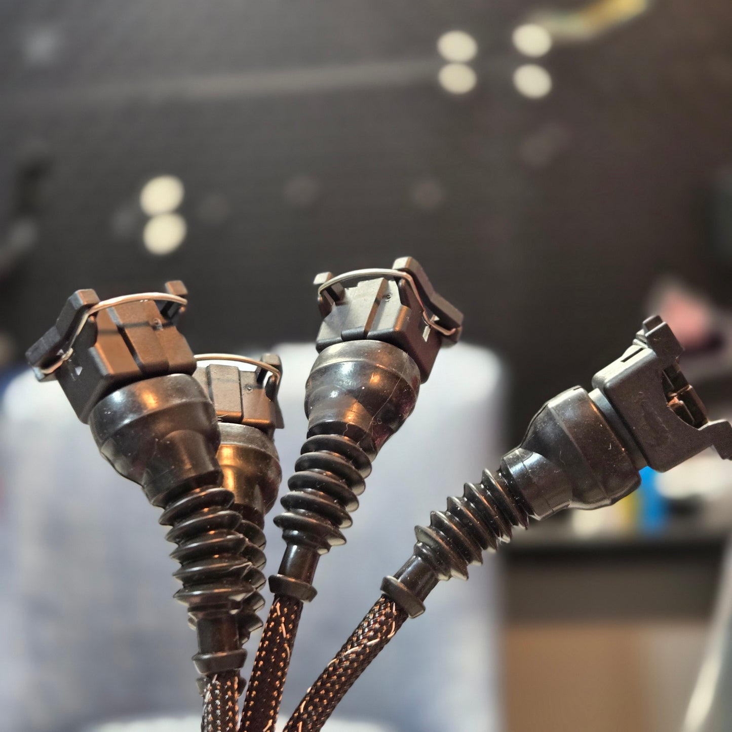 Close-up of automotive connectors on a blurred background
